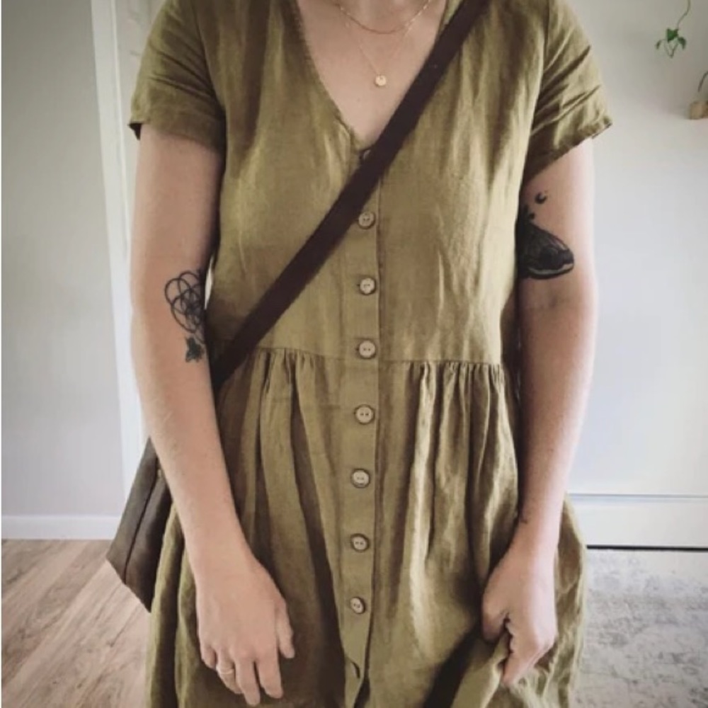Midi smock loose linen dress - Olive